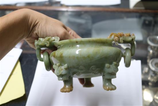 A Chinese jade tripod censer and cover